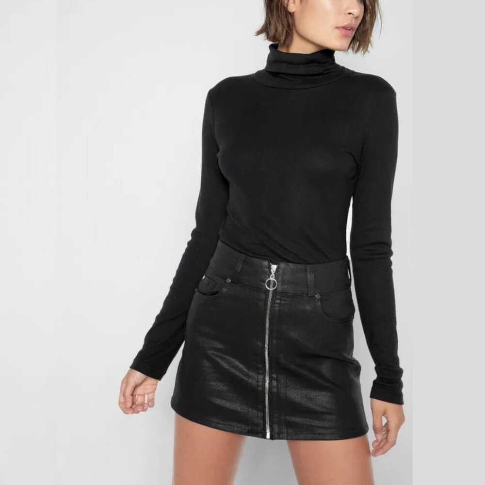 7 For All Mankind Black Coated‎ Denim Mini Skirt Biker Minimalist Grunge